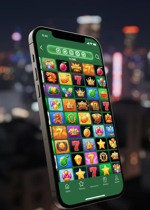 Ein Smartphone zeigt die Wonderino Casino PWA-Oberfläche mit bunten Slot-Spielen und einem Willkommensbonus-Banner.