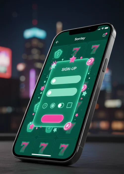 Registrierungsformular des Wonderino Casinos auf einem Smartphone mit Eingabefeldern für persönliche Daten und E-Mail-Adresse, symbolisiert den schnellen und einfachen Anmeldeprozess.